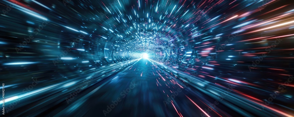 Vivid motion of light creating a tunnel effect, symbolizing speed and futuristic travel through a digital landscape. Vivid motion of light creating a tunnel effect, symbolizing speed and futuristic travel through a digital landscape.