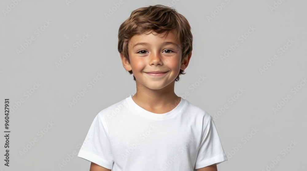 Smiling little boy in white t-shirt looking at camera isolated on grey. Studio portrait of a happy smiling ordinary teenage boy wearing a white t-shirt. Smiling little boy in white t-shirt looking at camera isolated on grey. Studio portrait of a happy smiling ordinary teenage boy wearing a white t-shirt.