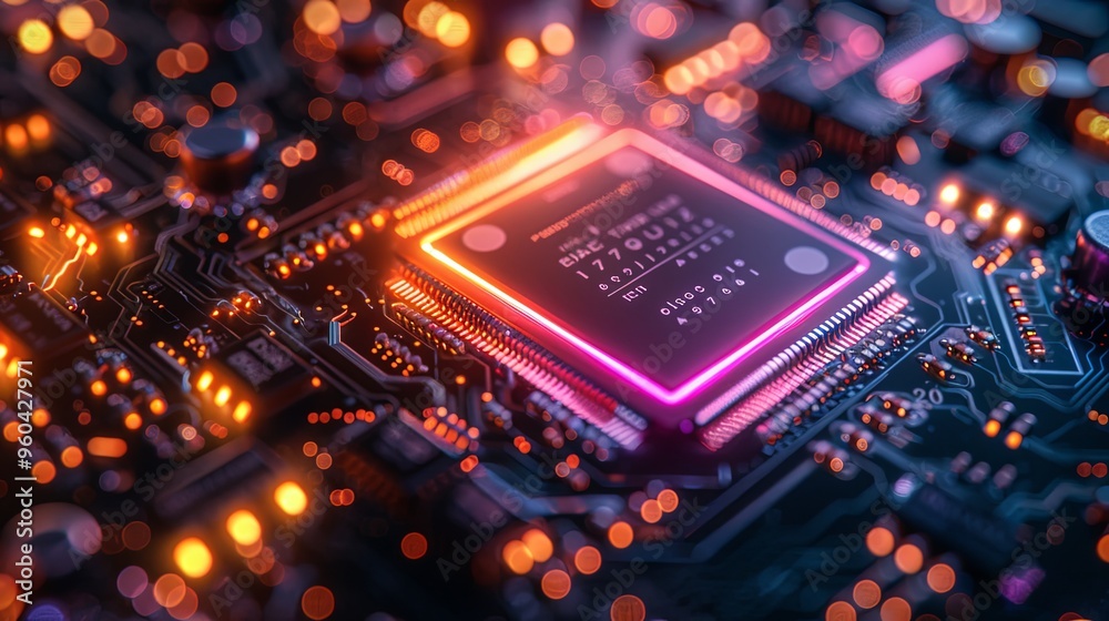 Fototapeta premium Multicoloured futuristic CPU and processor, quantum and machine learning concept. 3D illustration concept