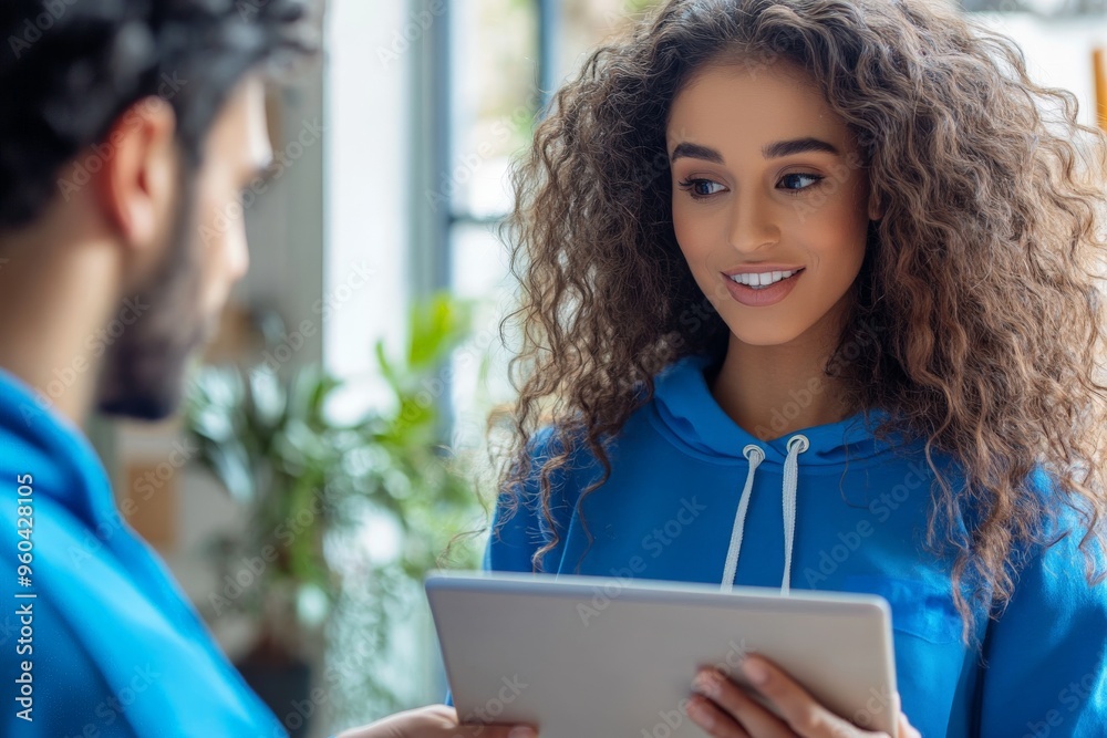 Smiling woman in blue hoodie holding tablet in modern workspace Smiling woman in blue hoodie holding tablet in modern workspace