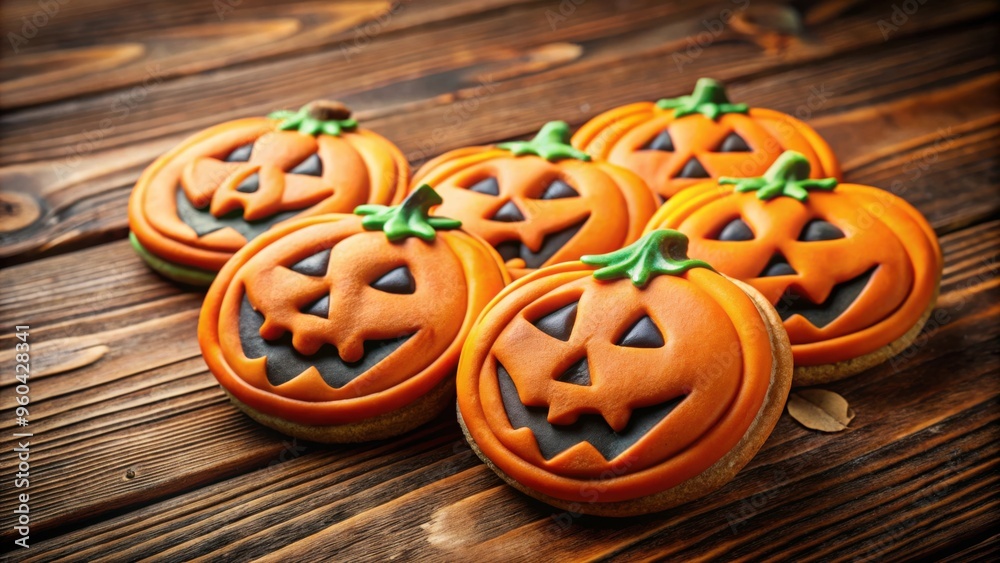 Halloween pumpkin shaped cookies with mischievous faces on dark wooden table, perfect for spooky events and promotions Halloween pumpkin shaped cookies with mischievous faces on dark wooden table, perfect for spooky events and promotions