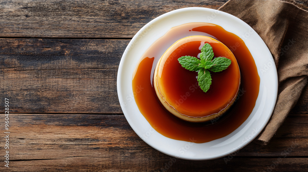 Creme caramel flan with caramel sauce and mint on a rustic wooden table Creme caramel flan with caramel sauce and mint on a rustic wooden table