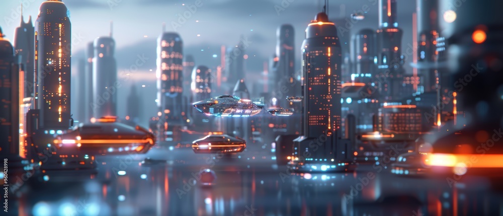 Glowing Futuristic Cityscape at Dusk with Flying Vehicles, - Technologically Advanced Urban Metropolis with Illuminated Skyscrapers and Hovering Cars