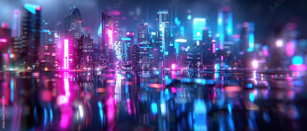 Futuristic Sci-Fi Cityscape with Sleek Buildings and Neon Lights in Stunning