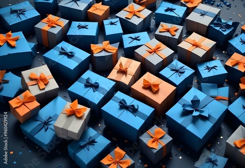 A collection of colorful origami-style paper gift boxes in various shades of blue, orange, and gray against a dark background photo