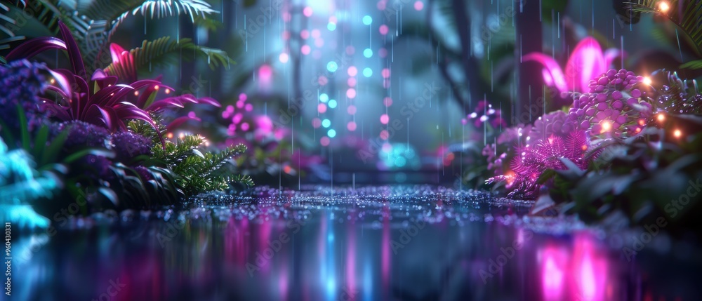 Fototapeta premium Enchanted Glow: Mystical Forest in -High Definition with Vibrant Colors and Illuminated Plants