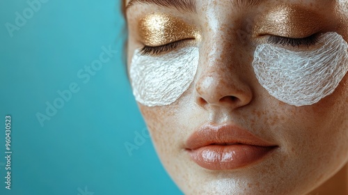 A young woman enjoys a moment of self-care, relaxing with eye patches applied to her under eyes, creating a serene and rejuvenating ambiance