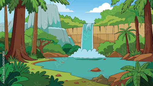 Beautiful waterfall in the tropical forest vector art illustration.