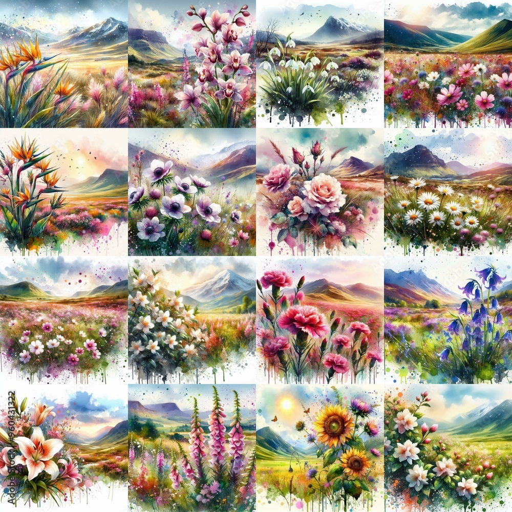 Fototapeta premium watercolor flowers and mountains drawing style floral background. AI generated illustration