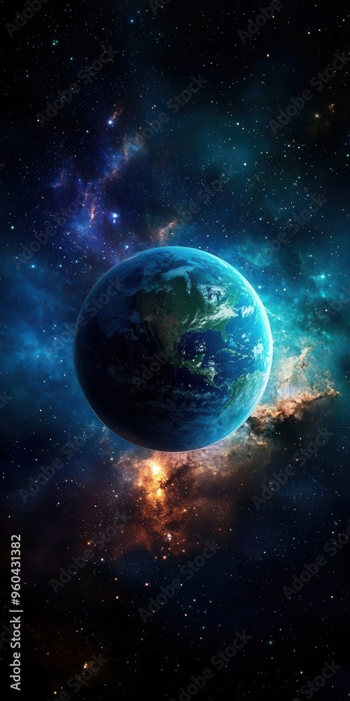 Obraz premium Beautiful cosmic view of Earth surrounded by vibrant galaxies and stars, showcasing the vastness of the universe.