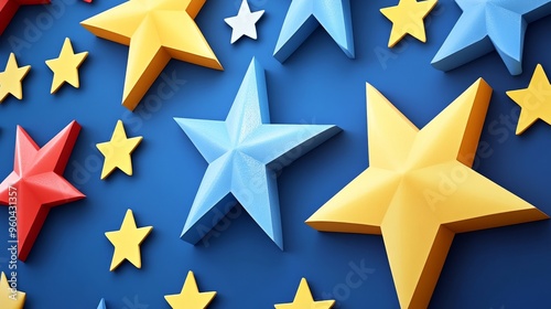 Colorful stars in various sizes on a blue background, perfect for designs, celebrations, and artistic projects.