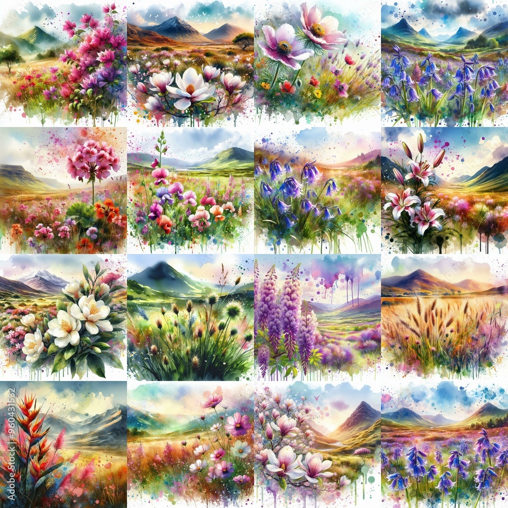 Fototapeta premium watercolor flowers and mountains drawing style floral background. AI generated illustration