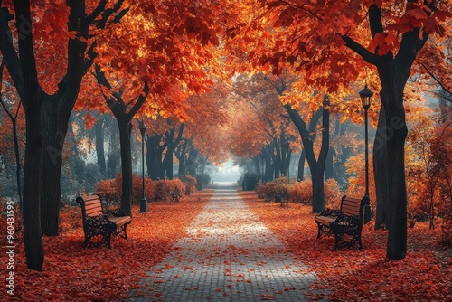 enchanting maple treelined avenue in autumn fallen leaves carpeting the ground dappled sunlight park benches vibrant oranges and reds