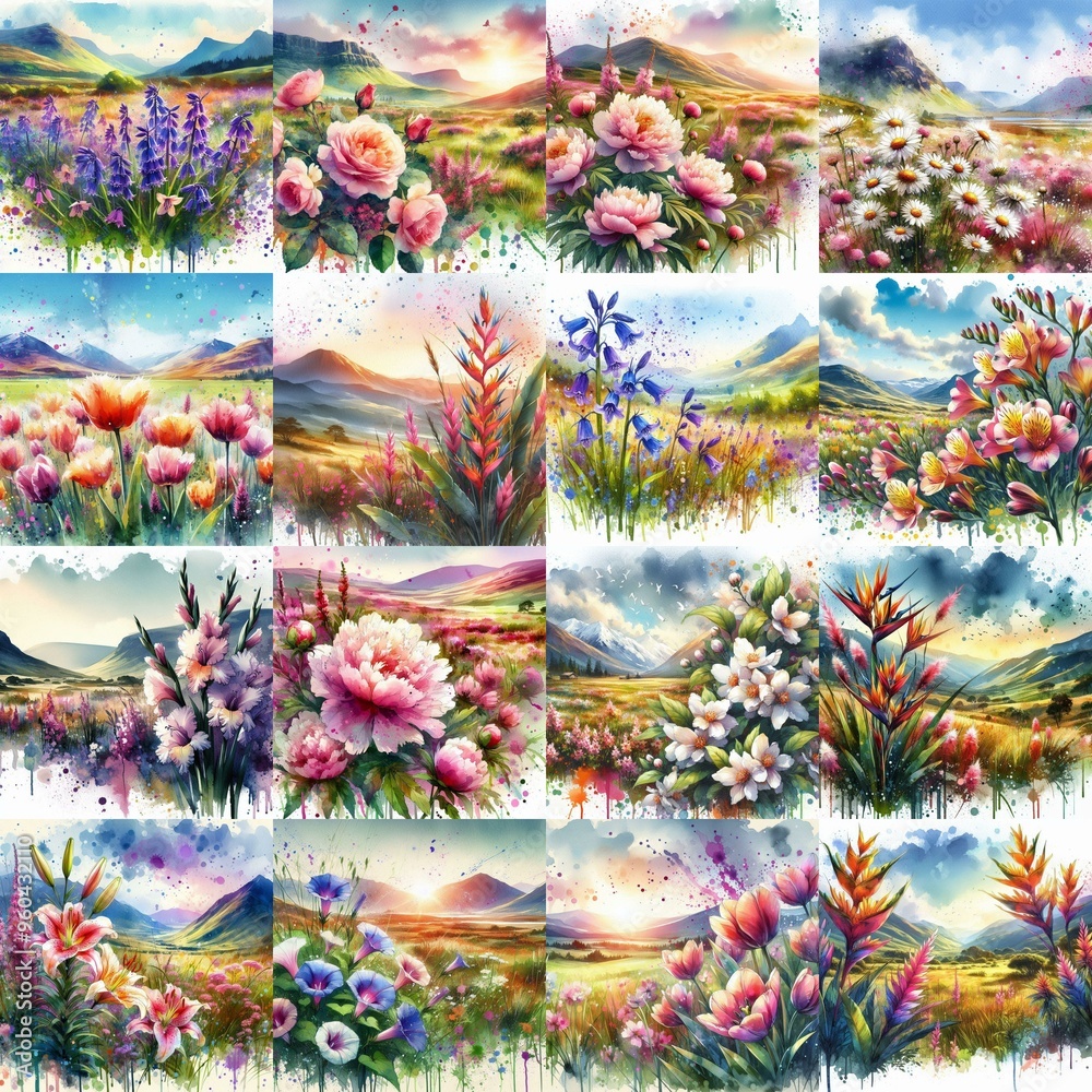 Fototapeta premium watercolor flowers and mountains drawing style floral background. AI generated illustration