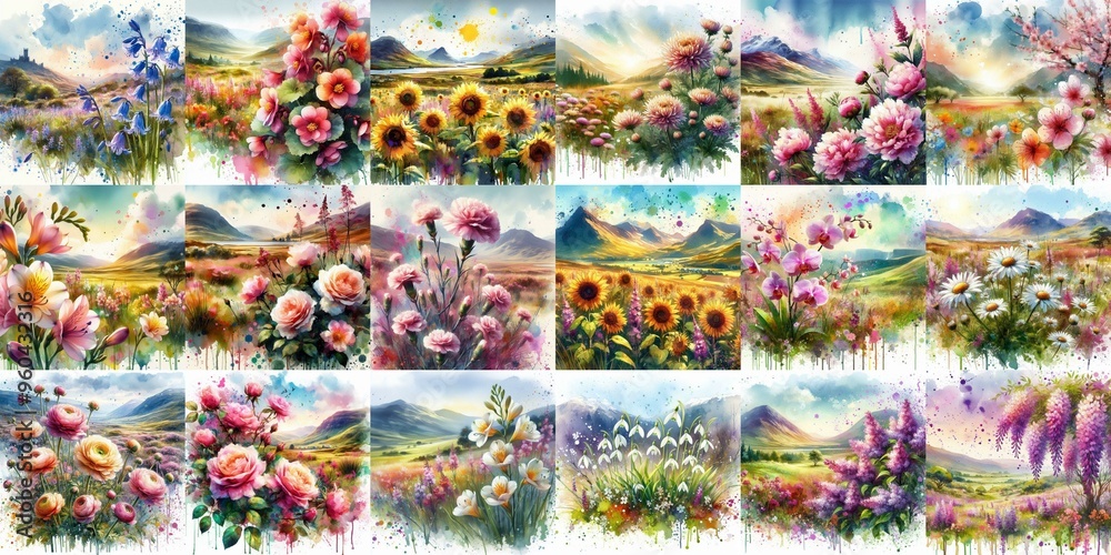 Fototapeta premium watercolor flowers and mountains drawing style floral background. AI generated illustration
