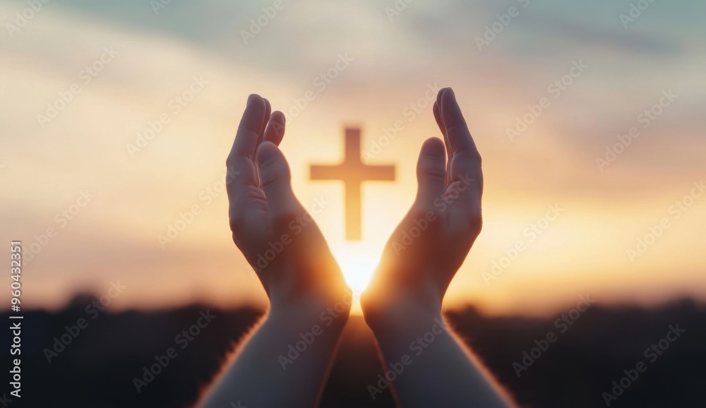 Close-up of hands reaching towards the sky with a glowing cross in the background, at sunrise, with a white color theme and a plain background Generative AI Close-up of hands reaching towards the sky with a glowing cross in the background, at sunrise, with a white color theme and a plain background Generative AI