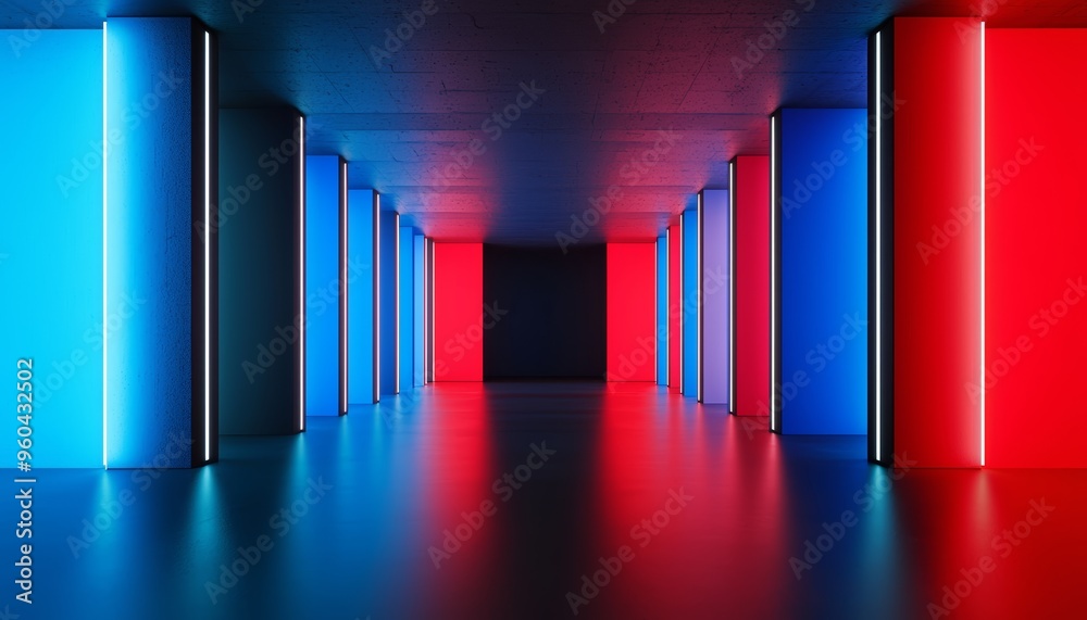 Sleek futuristic corridor with blue and red neon panels, minimalist sci-fi environment, 3D illustration Sleek futuristic corridor with blue and red neon panels, minimalist sci-fi environment, 3D illustration