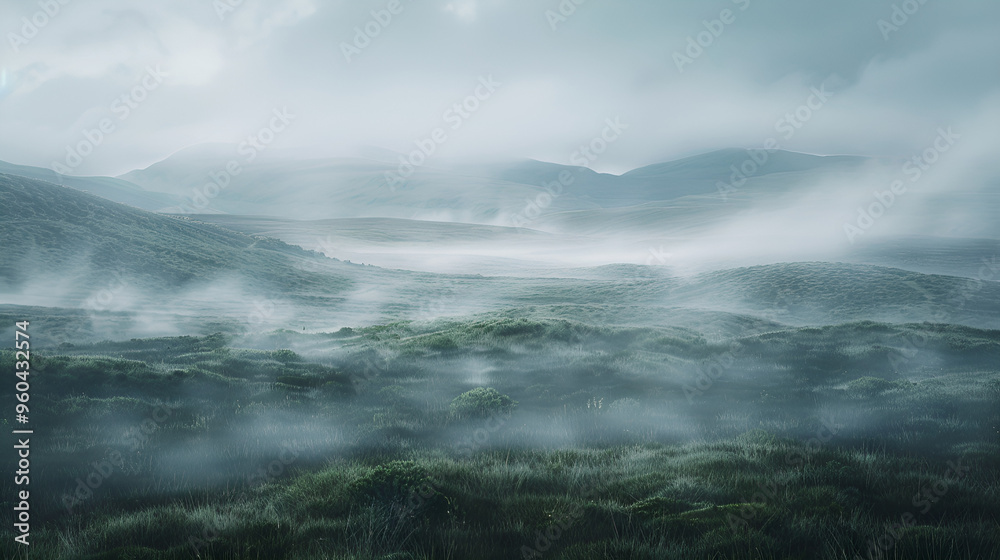 Misty mountain peaks shrouded in a veil of clouds Misty mountain peaks shrouded in a veil of clouds
