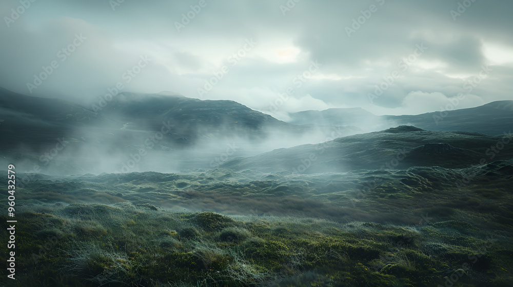 Misty mountain peaks shrouded in a veil of clouds, a river below cloaked in a blanket of fog Misty mountain peaks shrouded in a veil of clouds, a river below cloaked in a blanket of fog