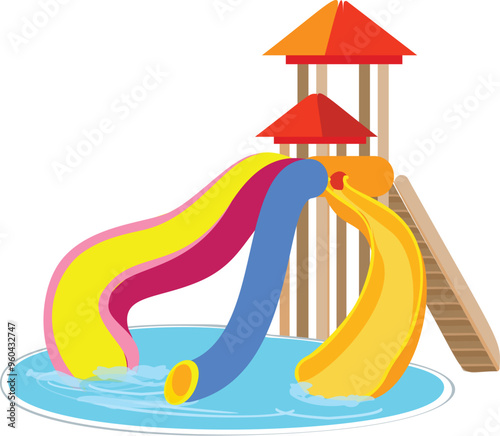 Three colorful water slides making big splashes as they empty into a swimming pool