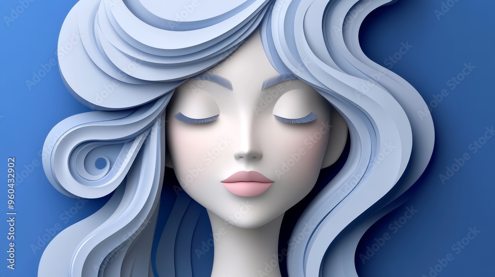 Fototapeta premium Stylish paper cutout art of a serene girl with flowing hair on a blue background, perfect for modern design projects.
