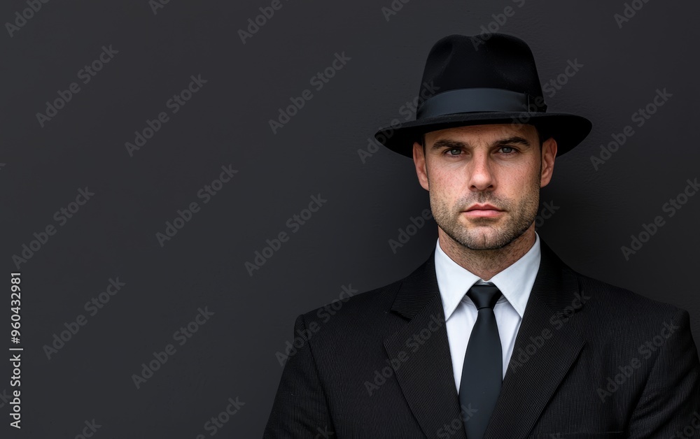Portrait of a serious man in a black fedora and suit, evoking a classic vintage or gangster vibe, ideal for film noir or period piece themes Portrait of a serious man in a black fedora and suit, evoking a classic vintage or gangster vibe, ideal for film noir or period piece themes