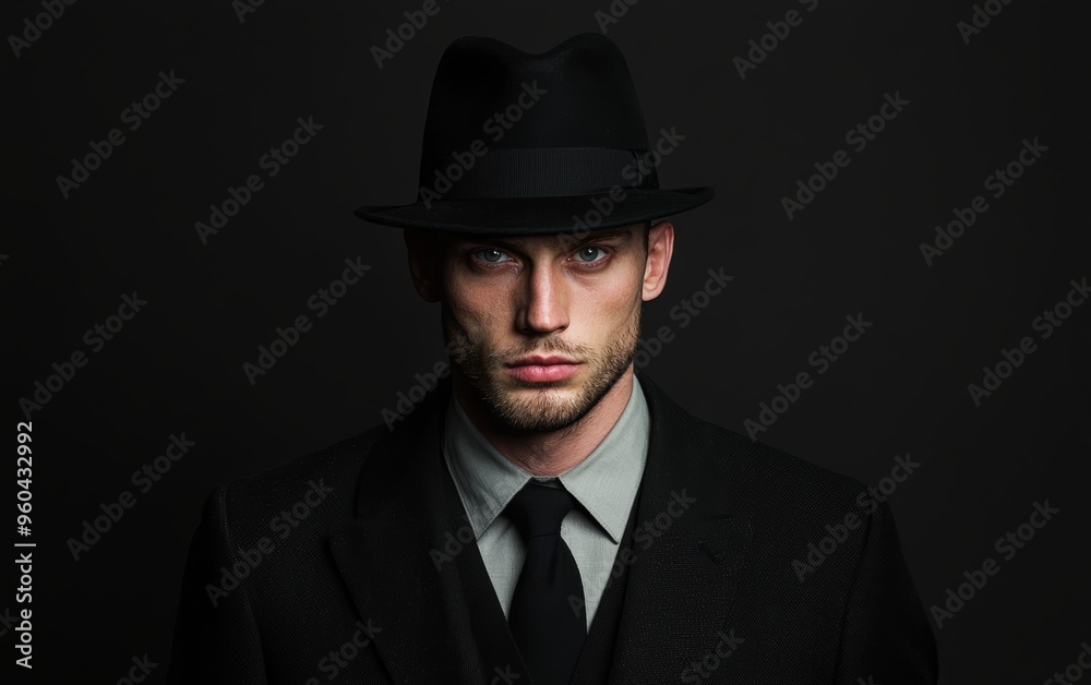 Portrait of a serious man in a black fedora and suit, evoking a classic vintage or gangster vibe, ideal for film noir or period piece themes Portrait of a serious man in a black fedora and suit, evoking a classic vintage or gangster vibe, ideal for film noir or period piece themes