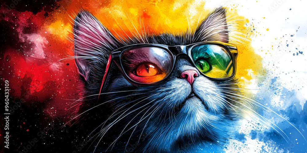 A cool cat wearing sunglasses, with a colorful background. A cool cat wearing sunglasses, with a colorful background.