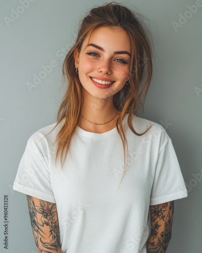 Stylish girl with tattoos smiles at the camera in modern streetwear against a neutral background