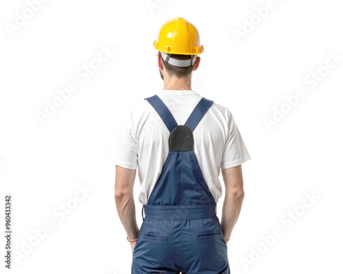 a worker in a yellow helmet on a white background is isolated