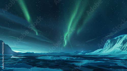 Aurora borealis dancing over the dark, icy sea, casting ethereal green lights on the vast, cloudless sky