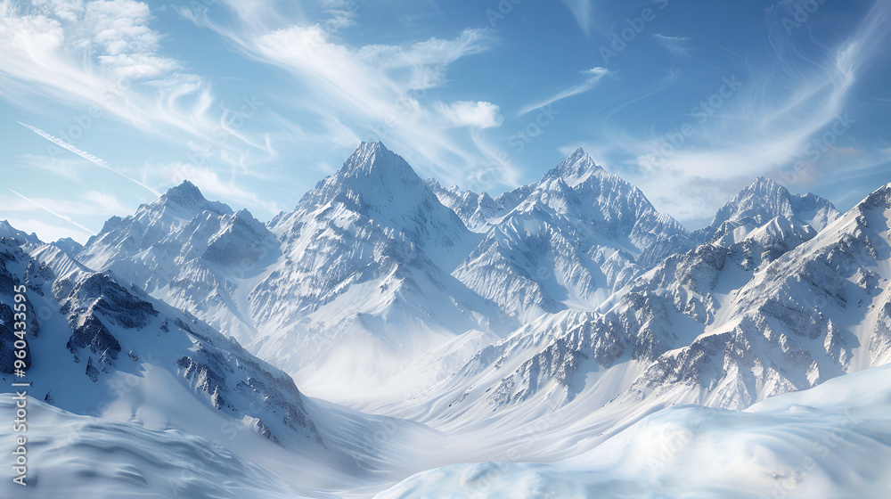 Obraz premium Panoramic view of snow-capped Alps with towering mountains, glaciers, and a vast winter landscape