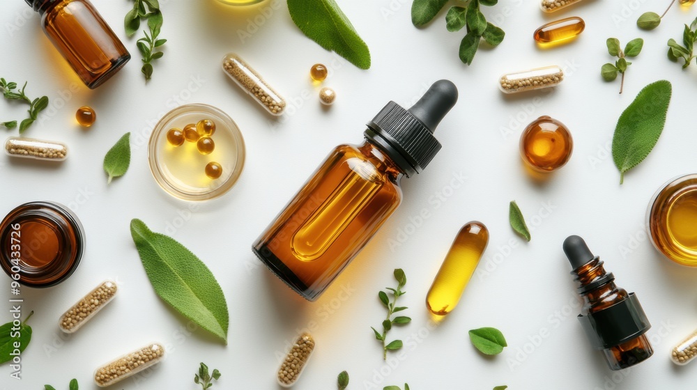 A flat lay of natural remedies including herbal tea oil bottles and capsules on a clean white surface A flat lay of natural remedies including herbal tea oil bottles and capsules on a clean white surface