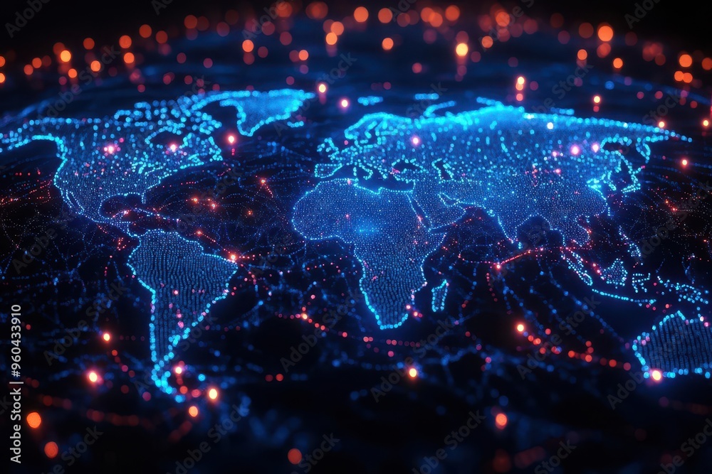 Fototapeta premium ethereal global network visualization holographic world map interconnected data points cool blue tones futuristic aesthetic digital business concept
