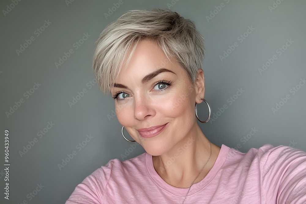 Smiling woman with short blonde hair and hoop earrings against gray background Smiling woman with short blonde hair and hoop earrings against gray background