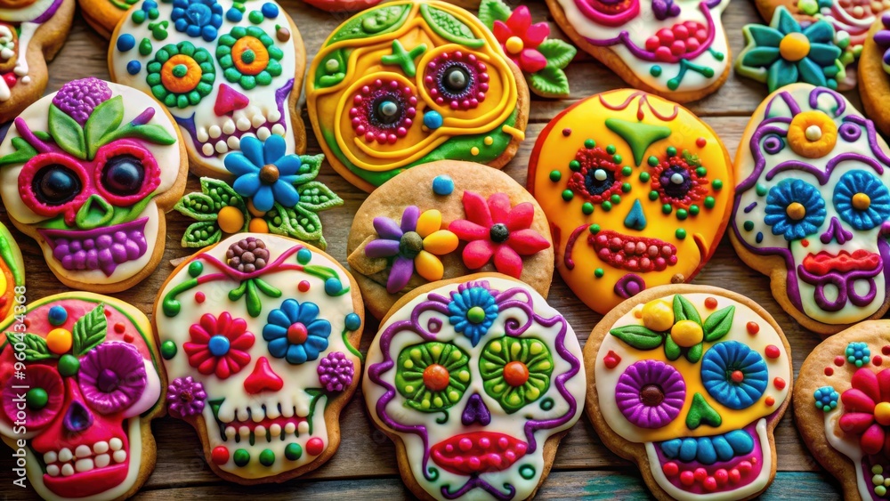 Colorful Dia de los Muertos sugar skull cookies with vibrant icing and flower decorations, perfect for Halloween and Day of the Dead celebrations Colorful Dia de los Muertos sugar skull cookies with vibrant icing and flower decorations, perfect for Halloween and Day of the Dead celebrations