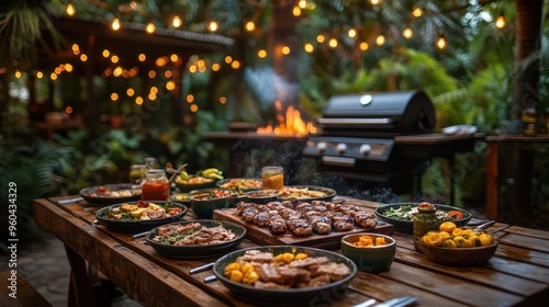 idyllic summer backyard bbq scene rustic wooden table set with colorful dishes smoking grill in background string lights and lush garden setting