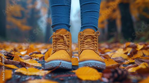 A person in yellow boots walks on a trail covered with vibrant autumn leaves in a serene forest. Generative AI