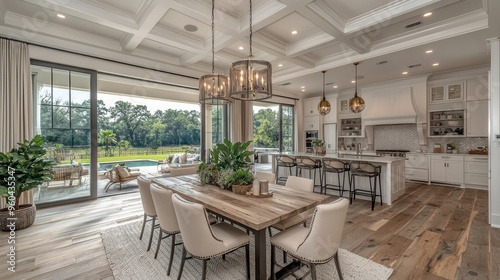 Modern Elegance: Stylish Dining Area with Statement Chandelier