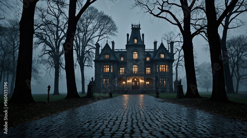 A misty, eerie old mansion lit by warmly glowing lights, surrounded by barren trees in the night darkness. photo