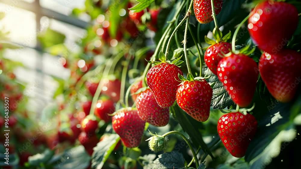 Vibrant strawberries growing in a greenhouse during sunny afternoon light Vibrant strawberries growing in a greenhouse during sunny afternoon light