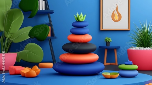 A colorful abstract arrangement of stacked stones with plants, creating a serene and modern interior design atmosphere. photo