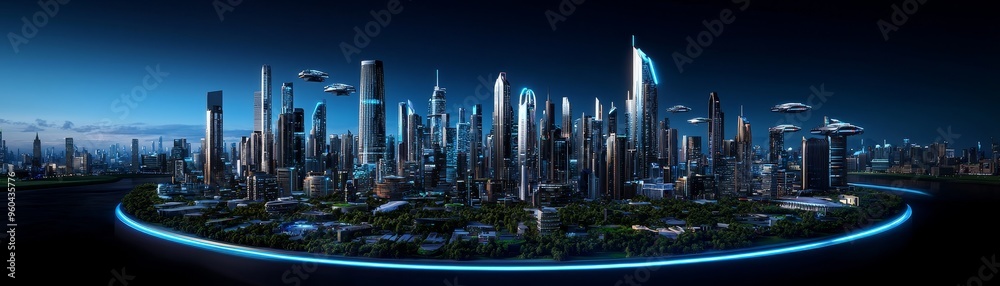 Obraz premium Captivating, futuristic cityscape with towering skyscrapers, flying cars, and advanced technology, photorealistic, high-tech