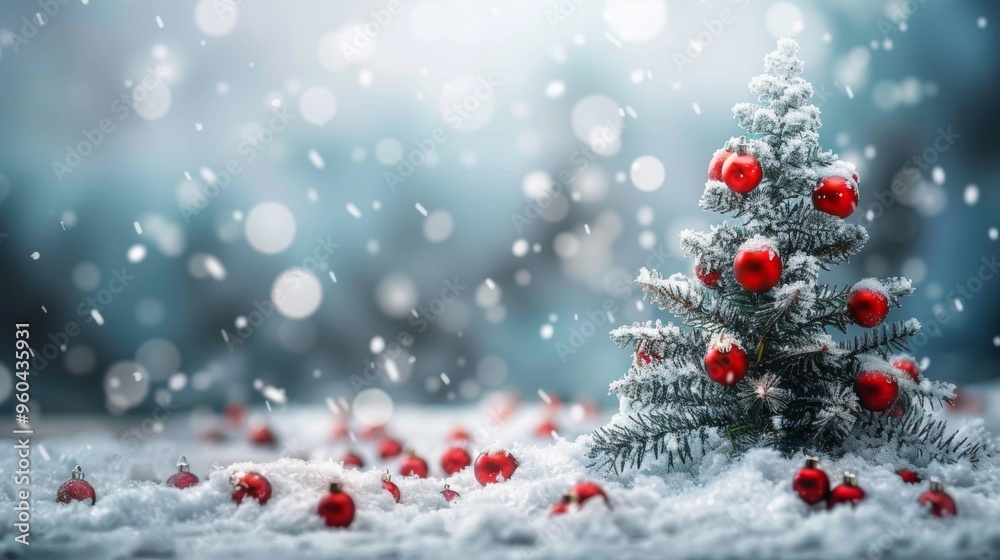 Christmas tree with decorative balls with winter snow background Christmas tree with decorative balls with winter snow background