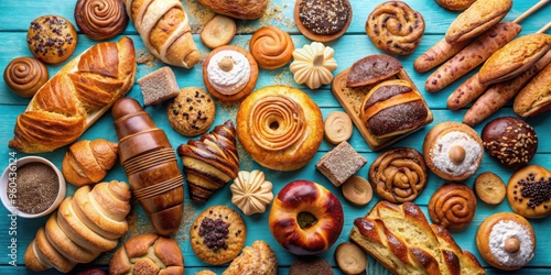 A vibrant collection of assorted baked goods displayed on a blue background