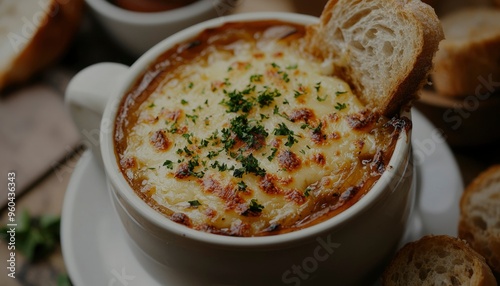 French Onion Soup with Toasted Bread and Melted Cheese photo