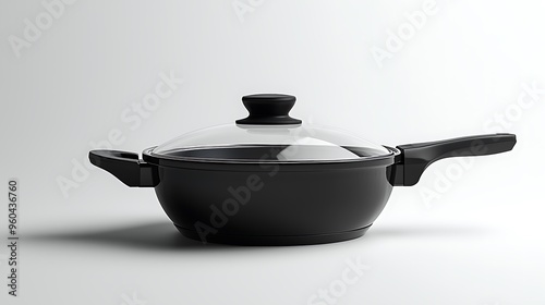 A black saucepan topped with a glass lid, simple and elegant.