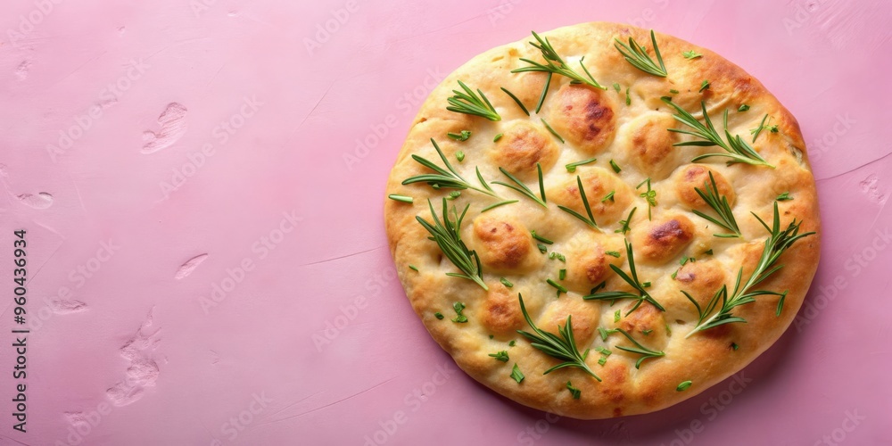 Rosemary focaccia bread on a pink background, perfect for food bloggers and social media content Rosemary focaccia bread on a pink background, perfect for food bloggers and social media content