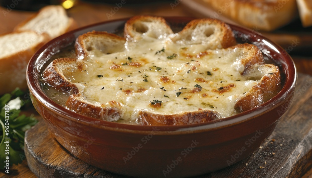 A Bowl of French Onion Soup with Melted Cheese and Toasted Bread A Bowl of French Onion Soup with Melted Cheese and Toasted Bread