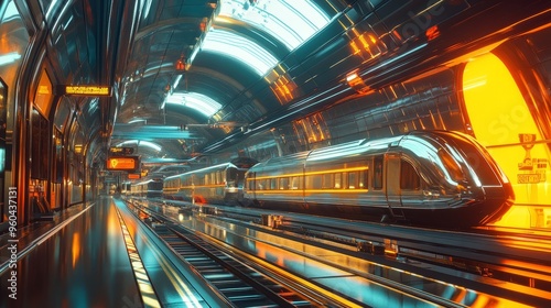 Neon Dreams: Retro-Futuristic Train Station with Chrome Platforms and Sleek Trains